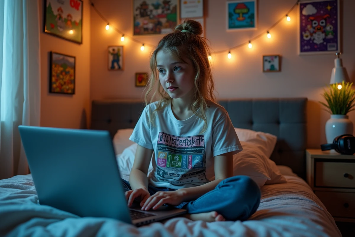 Adolescente gérant les plugins de son serveur Minecraft gratuit depuis sa chambre avec un laptop affichant un panneau d'administration