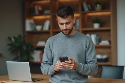 Homme tenant un Google Pixel 8a en 2026 et l'examinant d'un air pensif dans un bureau moderne