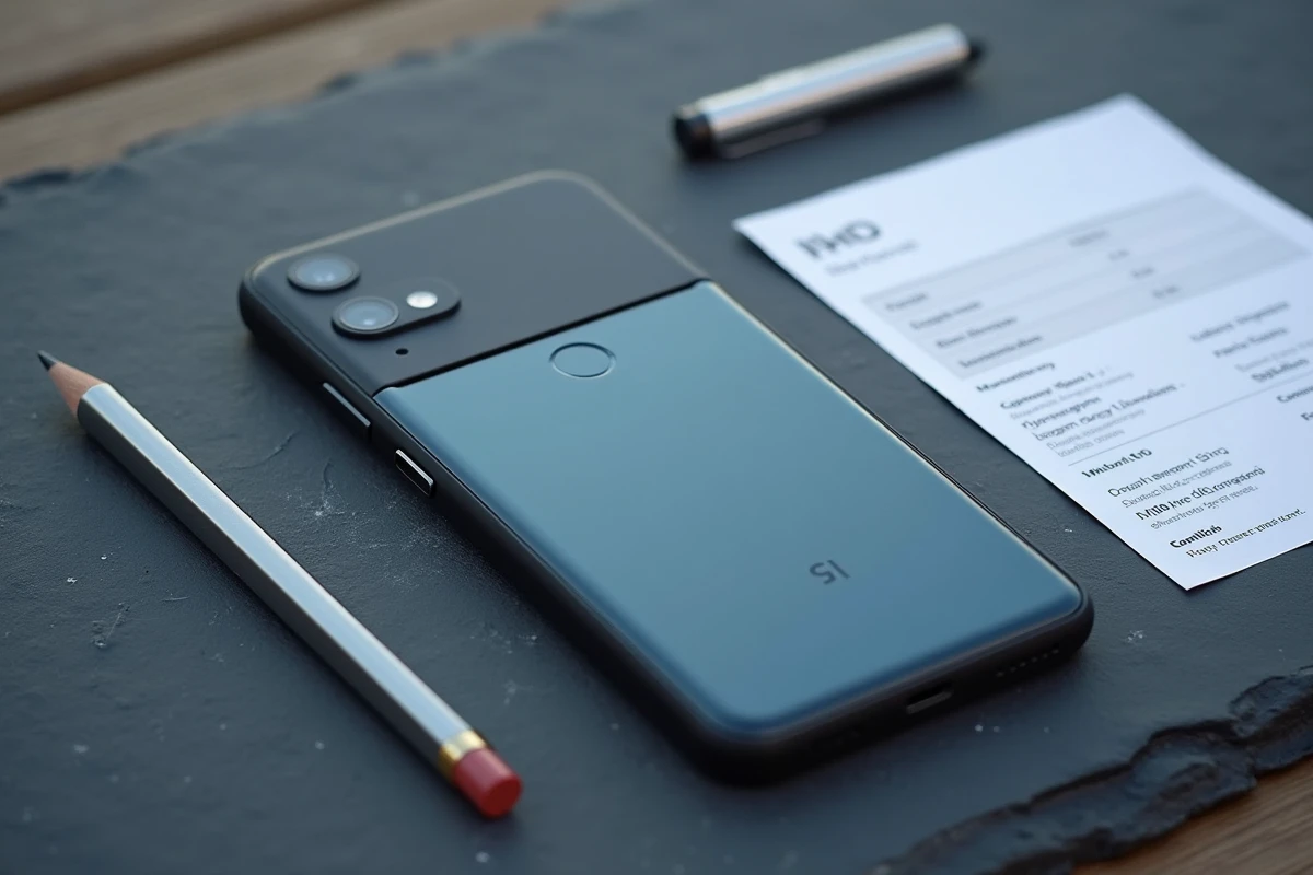 Google Pixel 8a posé sur une surface en ardoise avec des fiches comparatives de smartphones en 2026