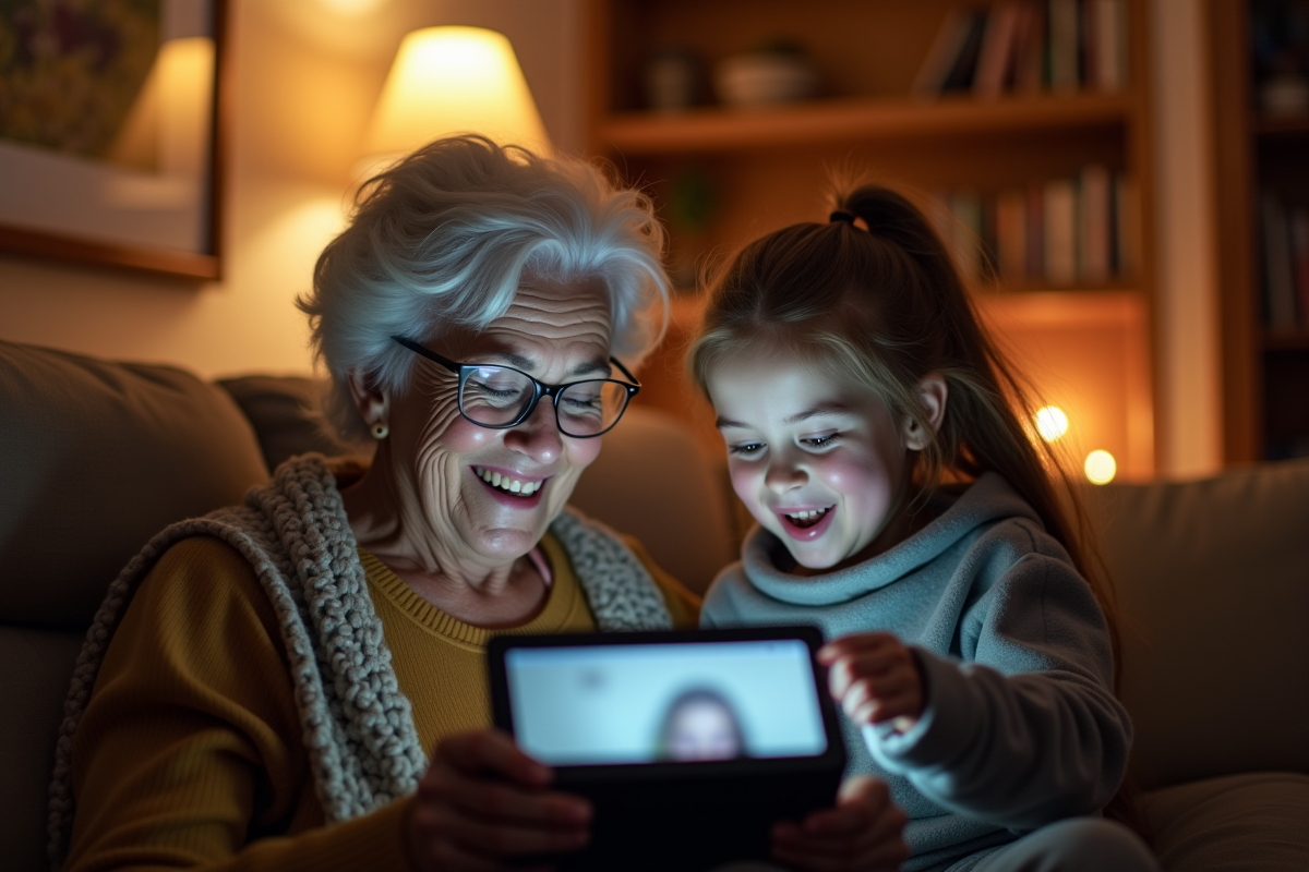 Grand-mère et enfant en appel vidéo avec famille à la maison
