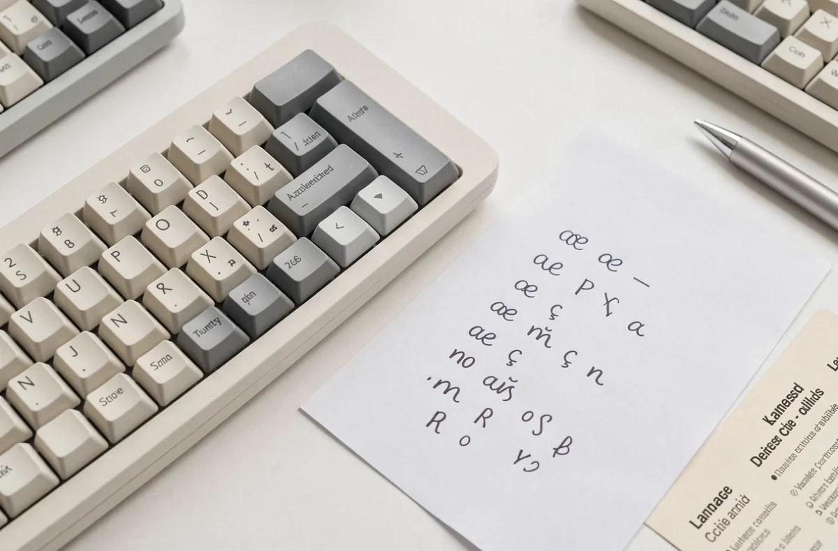 Gros plan sur un clavier AZERTY mécanique avec une aide-mémoire des caractères internationaux posée à côté