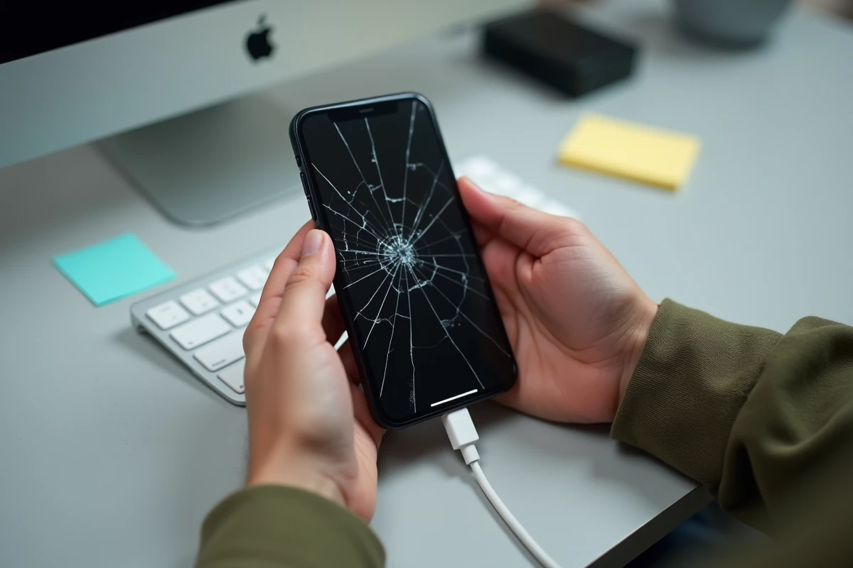 Gros plan de mains tenant un iPhone éteint avec un câble USB branché, symbolisant la récupération de photos définitivement supprimées