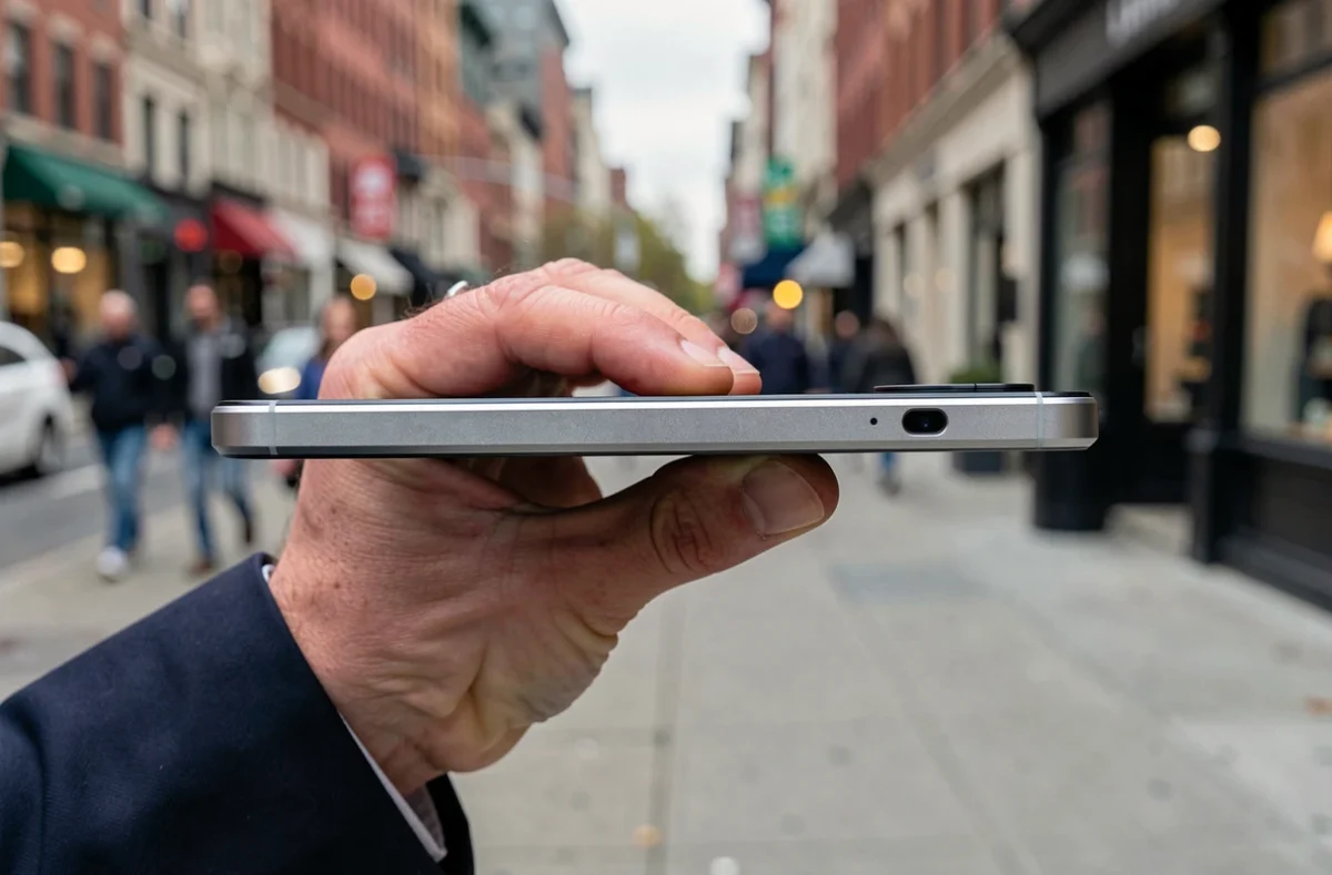 Gros plan sur le profil d'un iPhone SE tenu en main dans un environnement urbain