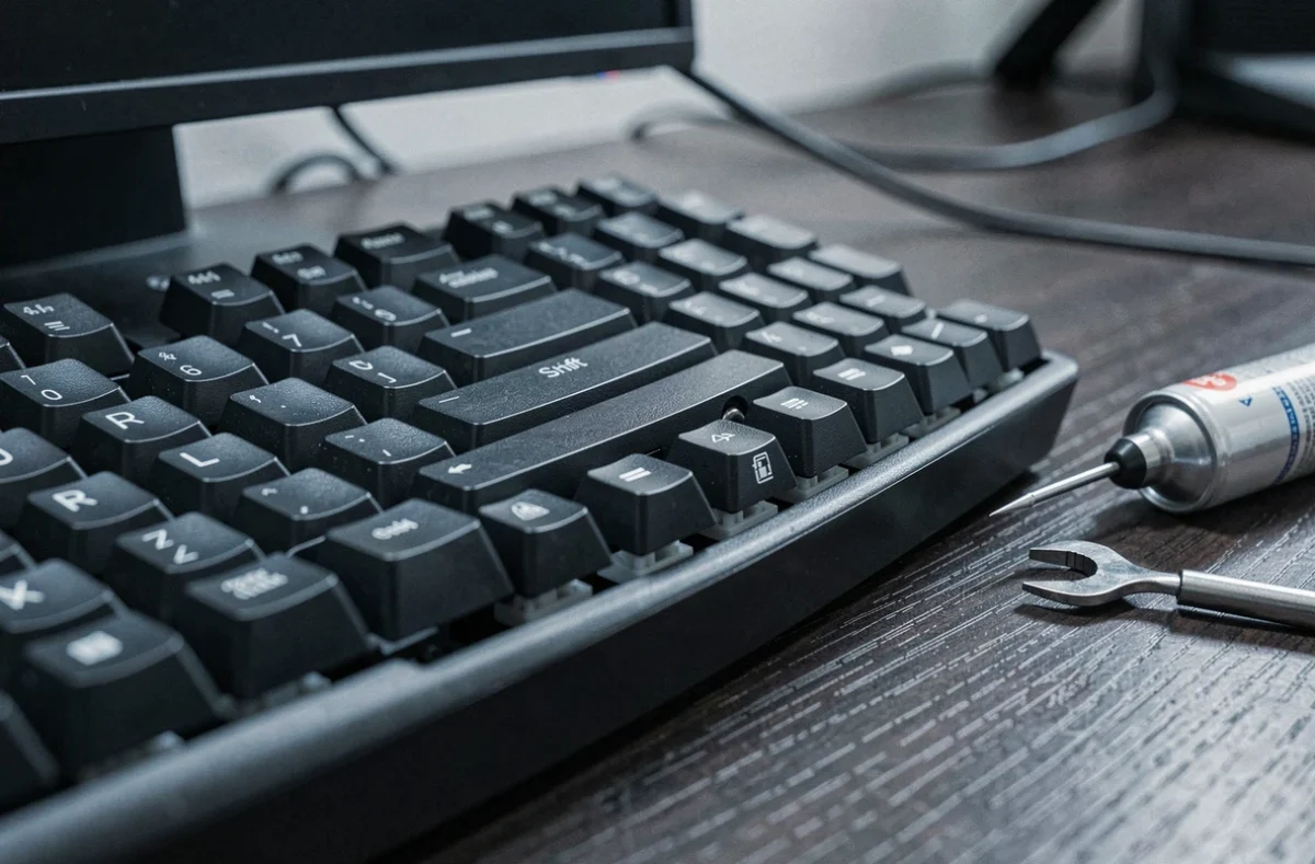 Gros plan sur une touche Shift mal alignée d'un clavier mécanique avec des outils de réparation posés à côté