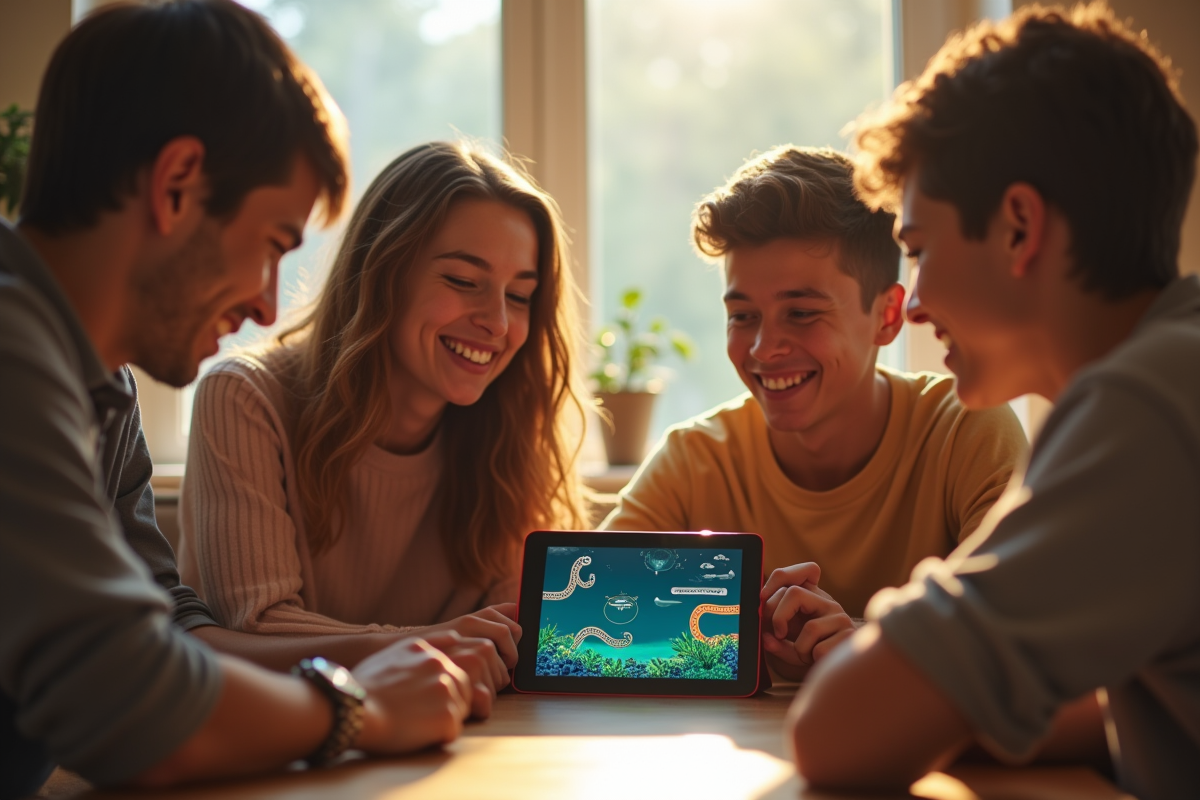 Groupe d'amis jouant au Snake sur une tablette en plein jour
