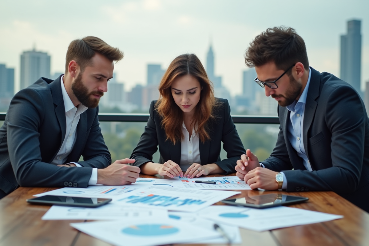 Groupe diversifié discutant de blockchain sur un rooftop en plein air