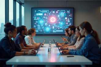 Groupe diversifié collaborant autour d'une table moderne avec écrans numériques
