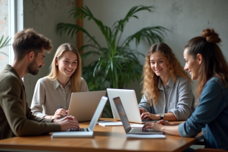 Groupe de jeunes adultes en réunion de travail dans un espace moderne