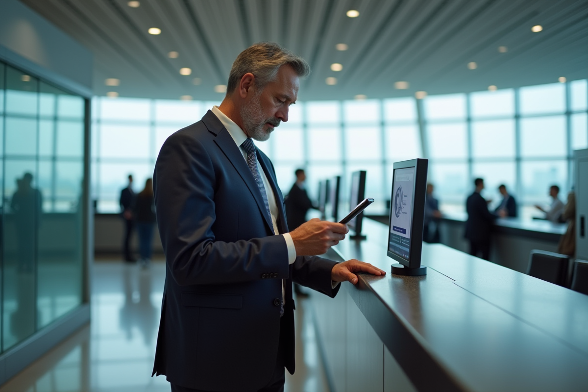 Homme d affaires vérifiant son smartphone à l aéroport pour une authentification