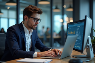 Jeune homme professionnel analysant des données au bureau