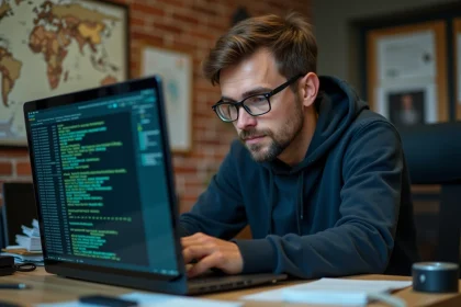Homme analysant des données d'adresses IP sur un ordinateur portable dans un bureau à domicile encombré