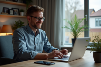 Homme d'âge moyen au bureau moderne avec ordinateur portable