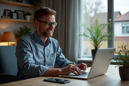 Homme d'âge moyen au bureau moderne avec ordinateur portable