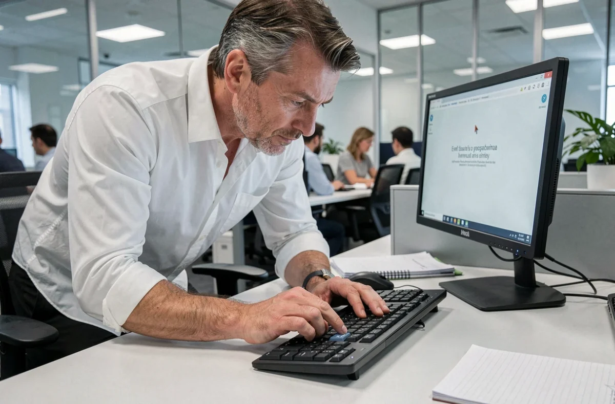 Homme en bureau inspectant une touche Shift bloquée sur un clavier d'ordinateur de bureau au travail