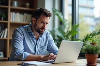 Homme en tenue décontractée travaillant sur un ordinateur dans un bureau lumineux