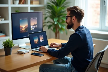 Jeune homme au bureau comparant deux vid&eacute;os sur son ordinateur