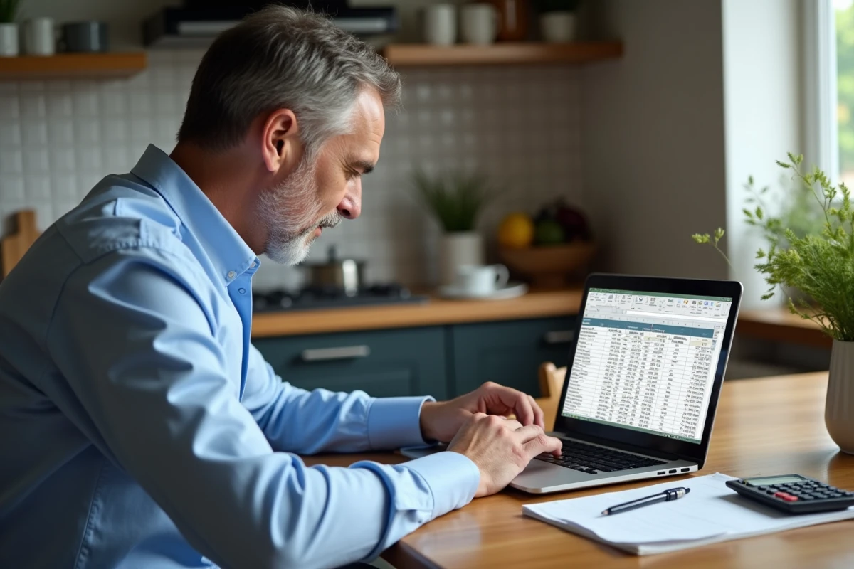 Homme d'âge moyen travaillant sur un ordinateur avec un tableau Excel