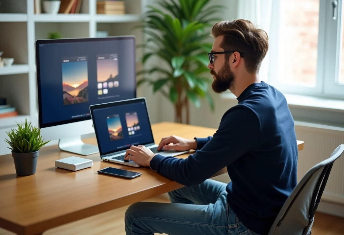 Jeune homme au bureau comparant deux vidéos sur son ordinateur