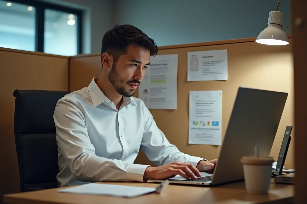 Homme en bureau d'entreprise essayant de saisir un arobase sur un ordinateur sécurisé sous système protégé