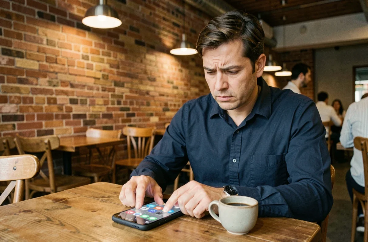 Homme consultant les paramètres réseau de son téléphone dans un café face à une absence de connexion mobile