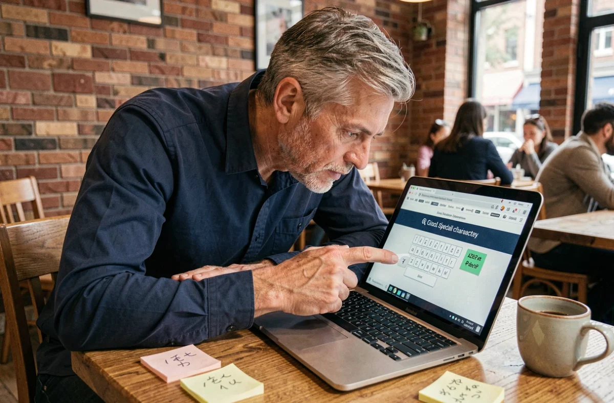 Homme dans un café consultant un guide de raccourcis clavier pour écrire des caractères spéciaux sur AZERTY