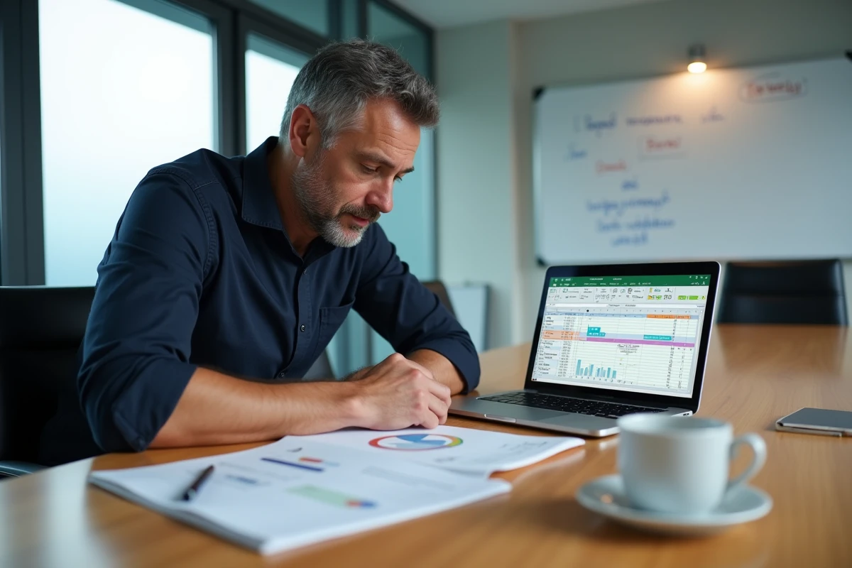 Homme analysant des calculs de différence de dates avec la fonction SI dans Excel lors d'une réunion en salle de conférence