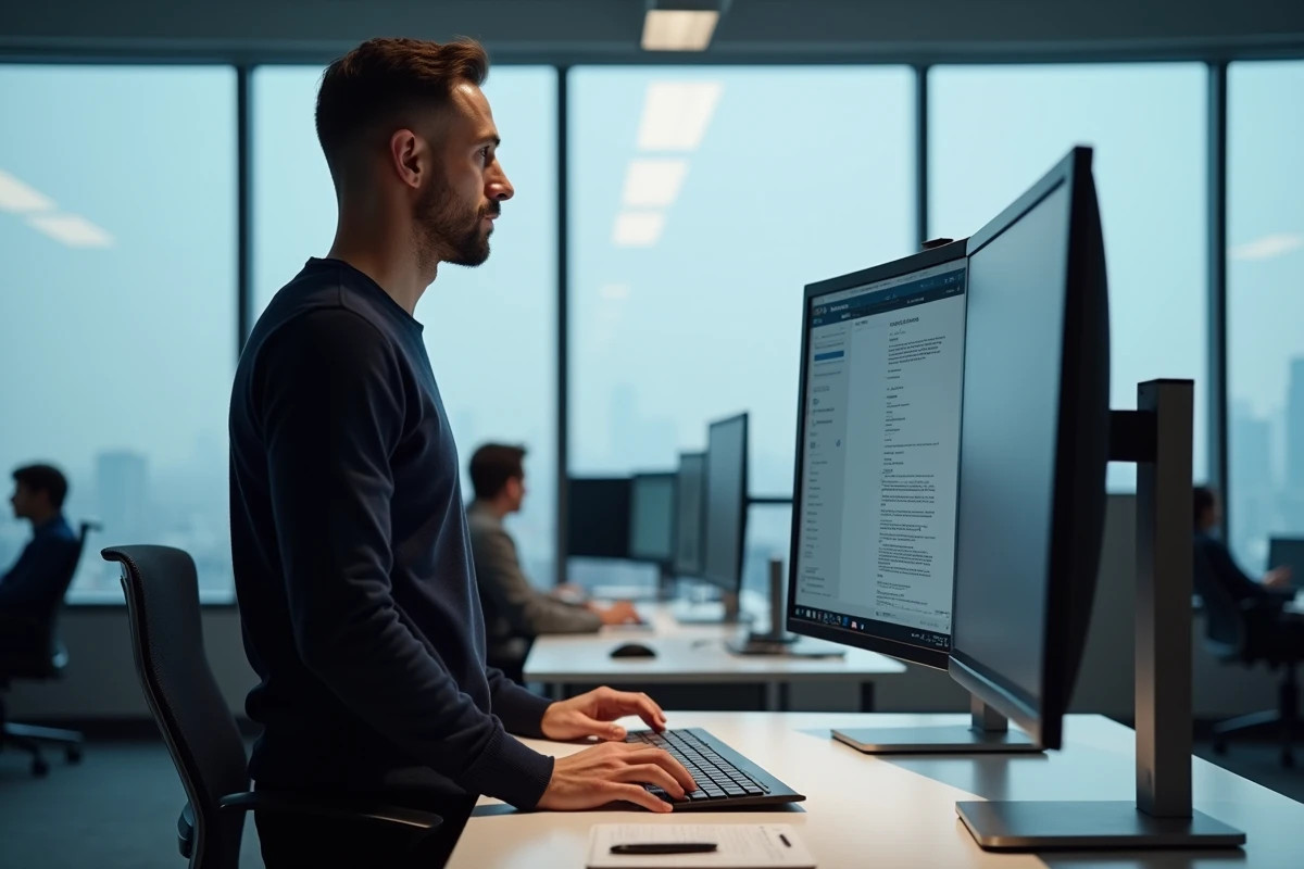 Homme classant ses emails professionnels sur un grand écran dans un bureau moderne en open space