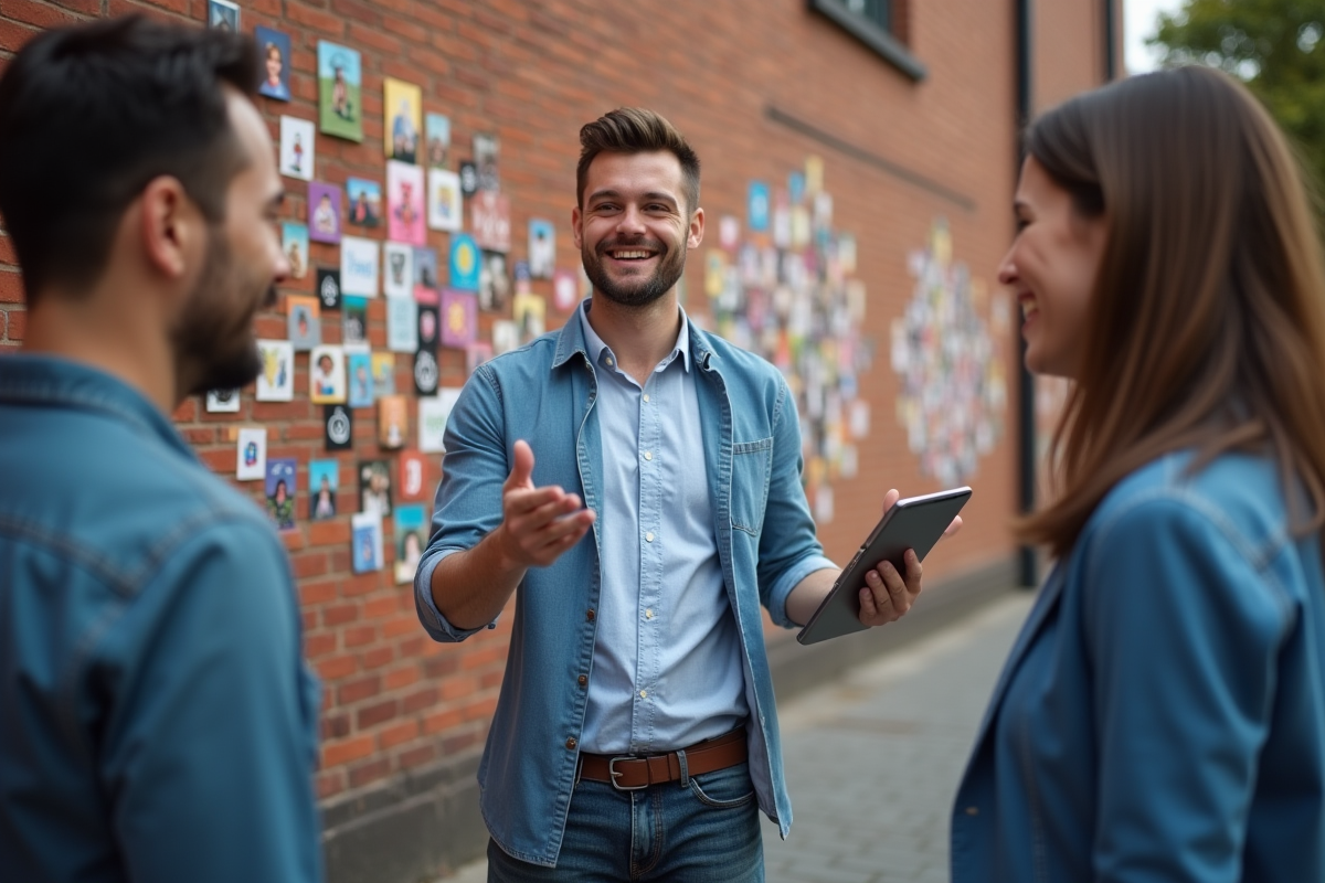 Homme en extérieur avec collègues et tablette devant mur de stickers