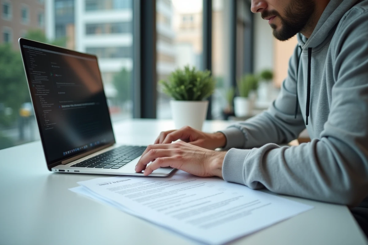 Homme comparant un cours d'informatique PDF imprimé avec son écran d'ordinateur portable dans un espace de coworking