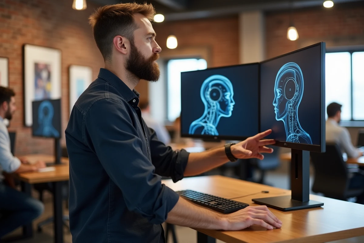 Homme en espace de coworking analysant des personnages générés par IA sur deux écrans pour optimiser ses prompts