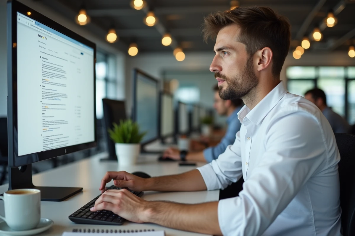 Homme en espace de coworking gérant sa messagerie professionnelle webmail sur grand écran