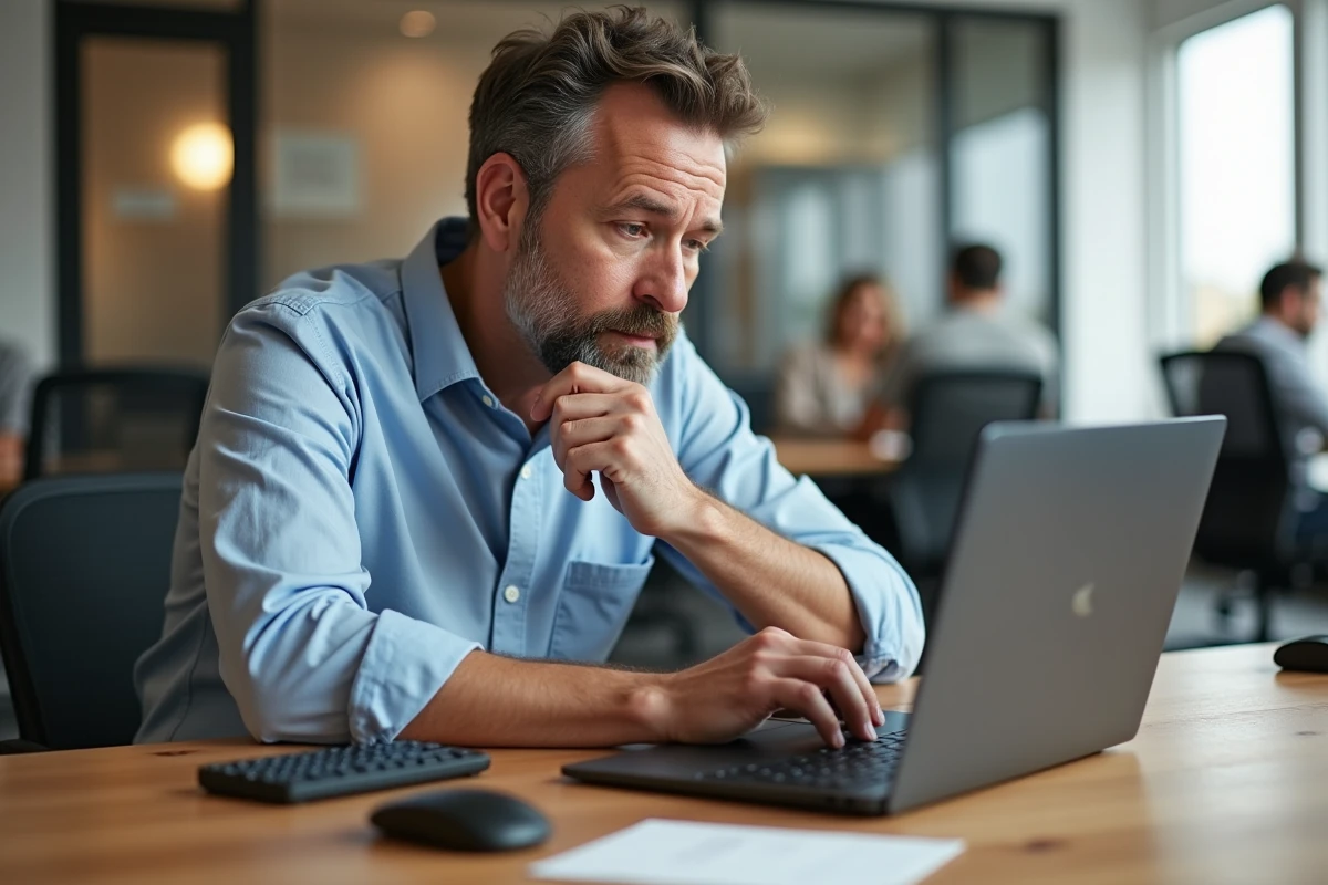 Homme comparant clavier externe et Chromebook dans un espace de coworking