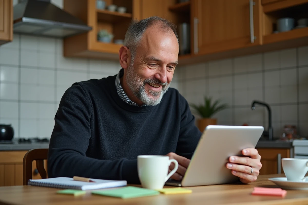 Homme détendu utilisant une tablette dans sa cuisine chaleureuse