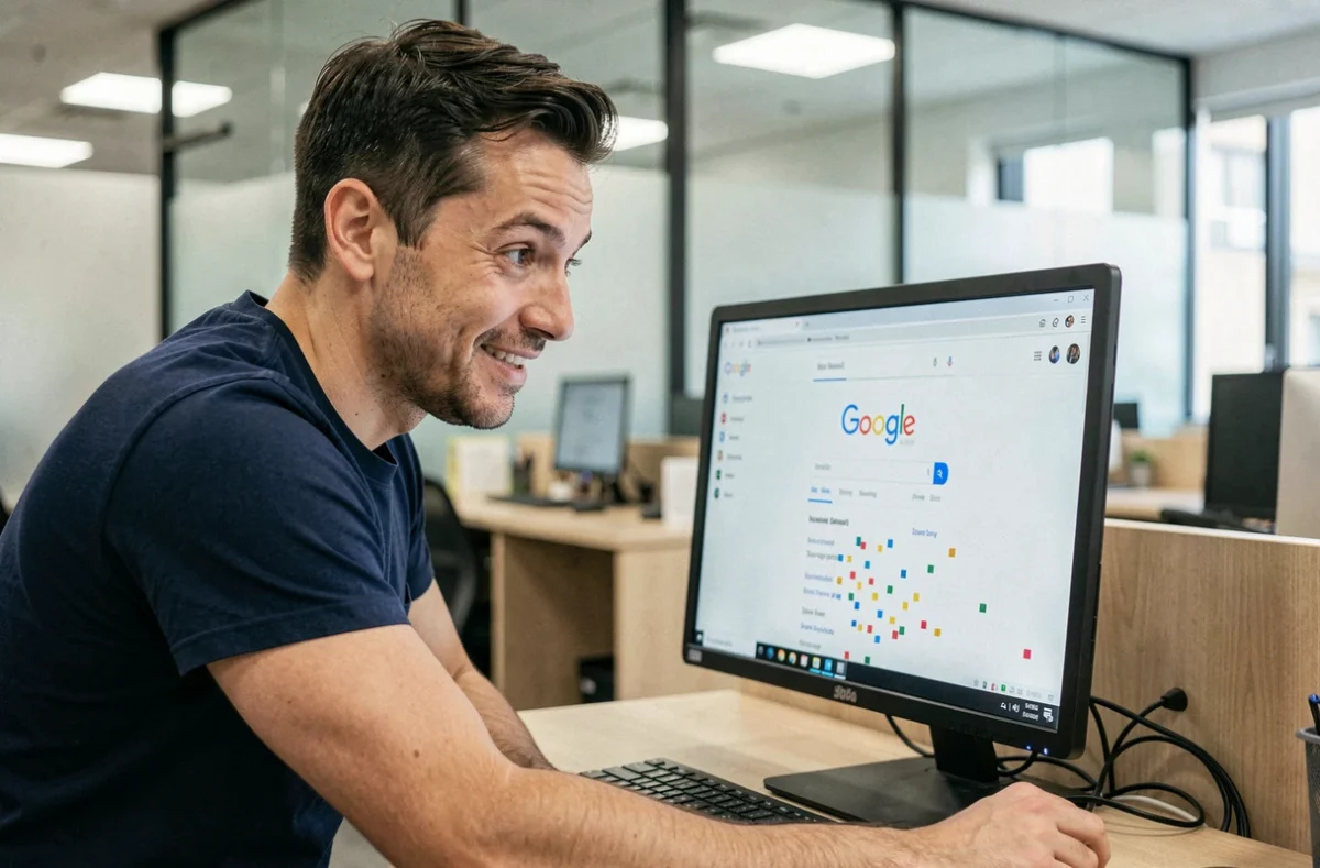 Homme découvrant l'easter egg Zerg Rush de Google sur son ordinateur de bureau en open space