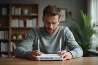 Homme consultant l'étiquette sous un routeur Wi-Fi pour trouver la clé de sécurité réseau