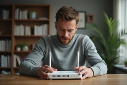 Homme consultant l'étiquette sous un routeur Wi-Fi pour trouver la clé de sécurité réseau