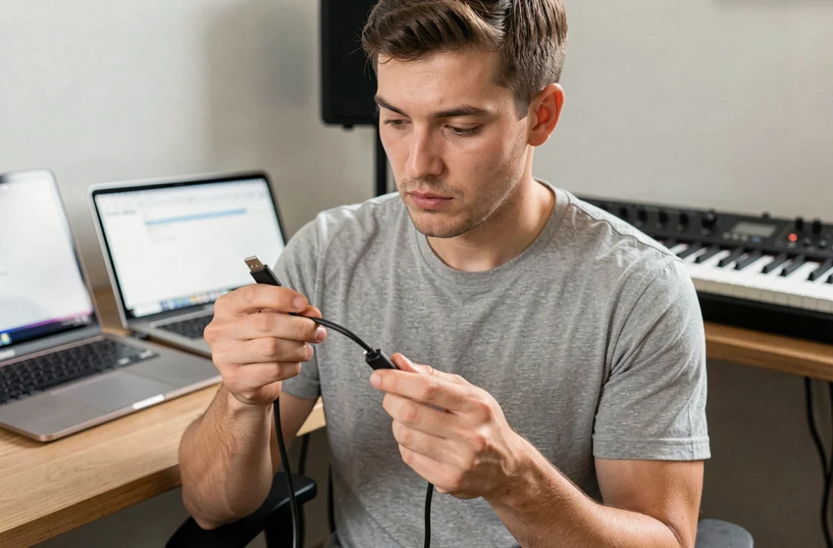 Homme examinant un câble USB-B vers USB-C assis devant un clavier MIDI et un ordinateur portable