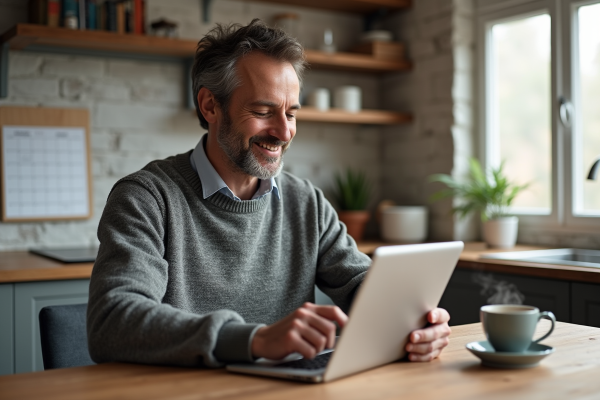 Homme souriant remplissant des formulaires en ligne à la maison