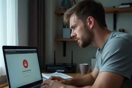 Homme frustré devant un écran d'ordinateur affichant une erreur de connexion bloquée sur un site web