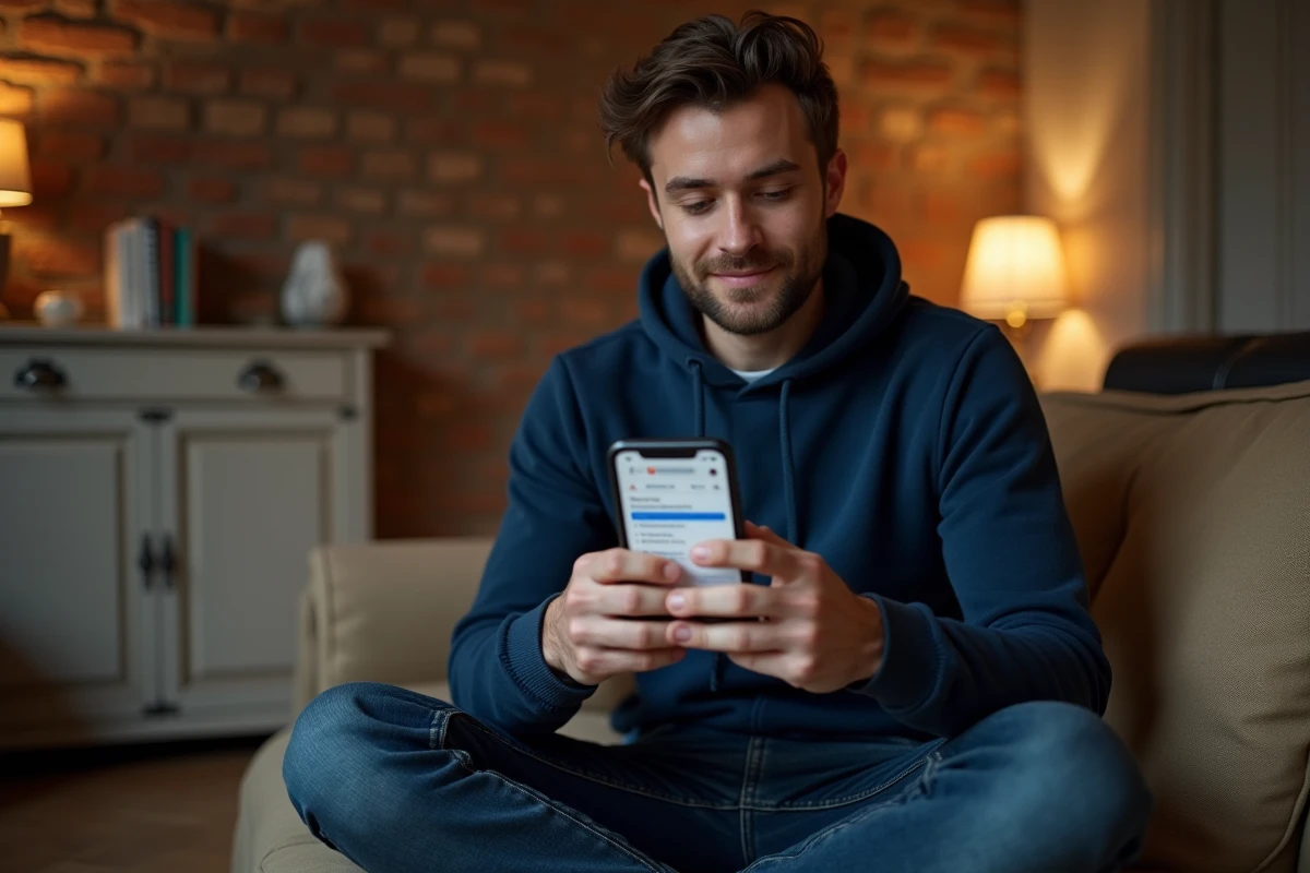 Homme accédant à Google américain sur smartphone depuis un appartement parisien