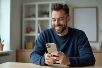 Homme tenant un iPhone 12 Pro reconditionné et l'examinant avec attention dans un bureau minimaliste en France
