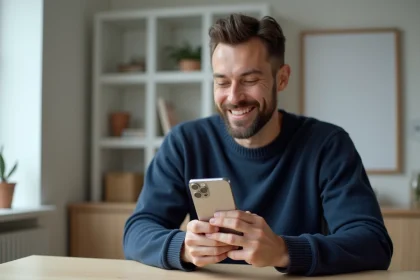 Homme tenant un iPhone 12 Pro reconditionné et l'examinant avec attention dans un bureau minimaliste en France