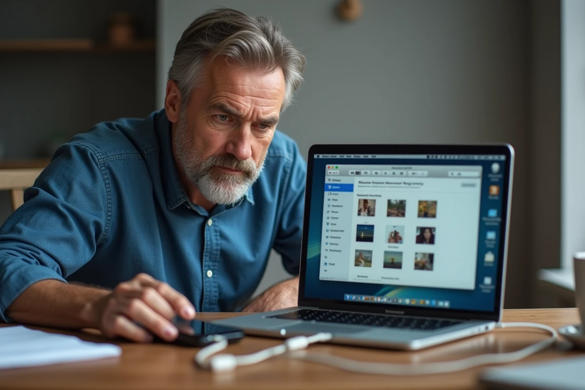 Homme connectant un iPhone éteint à un MacBook via câble USB pour récupérer des photos supprimées avec un logiciel de récupération