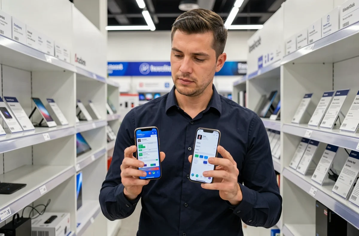 Homme dans un magasin d'électronique comparant deux smartphones à moins de 200 euros