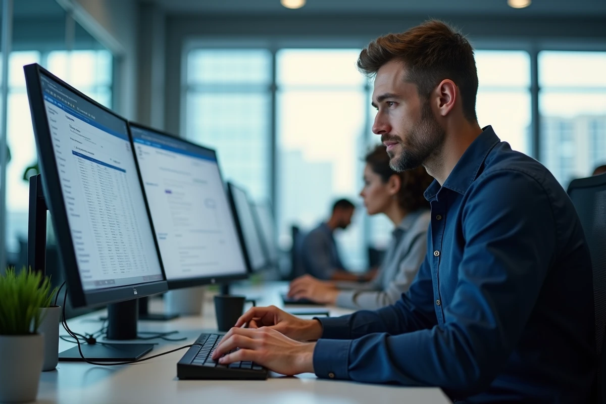 Homme en chemise bleue naviguant dans un tableau Excel avec des volets figés sur un grand écran dans un espace de bureau professionnel