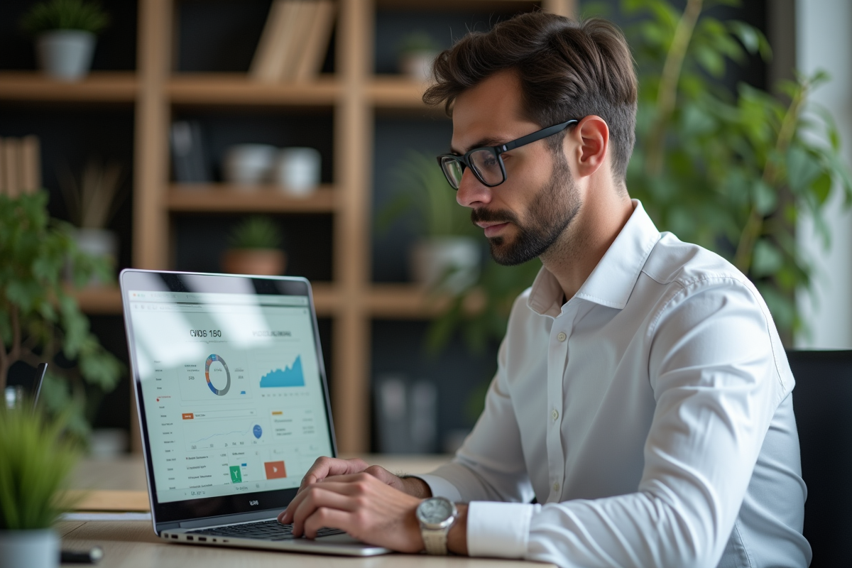Homme concentré travaillant sur son ordinateur en espace moderne