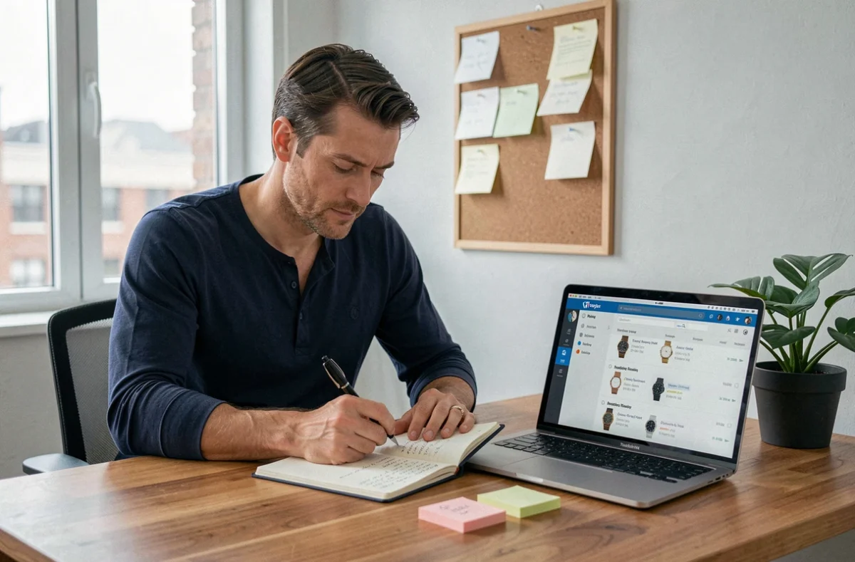 Homme organisant le suivi de ses séries sur un carnet et un ordinateur portable dans un bureau à domicile