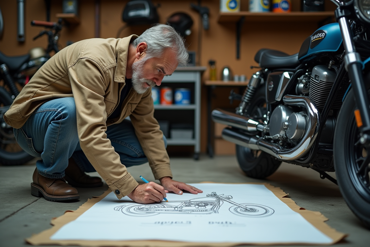 Homme en atelier répare une moto dans un garage organisé