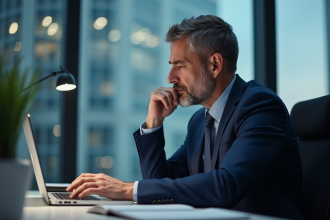 Homme d'affaires en costume bleu examine notifications de sécurité cloud
