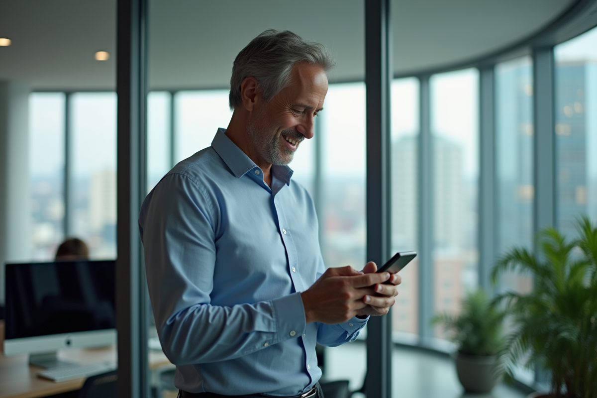 Homme d affaires utilisant son smartphone dans un bureau moderne